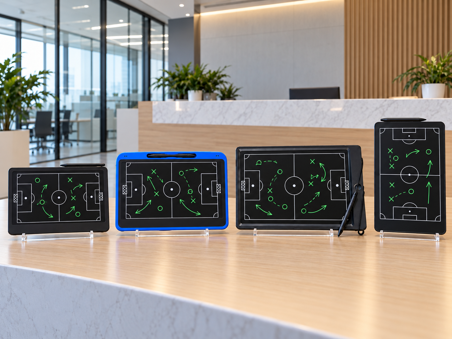 Company reception displaying four distinct LCD tactical board models