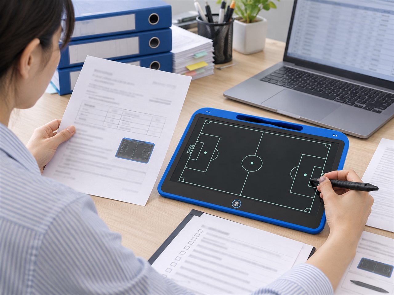 Asian compliance employee reviewing product documents with an LCD tactical board