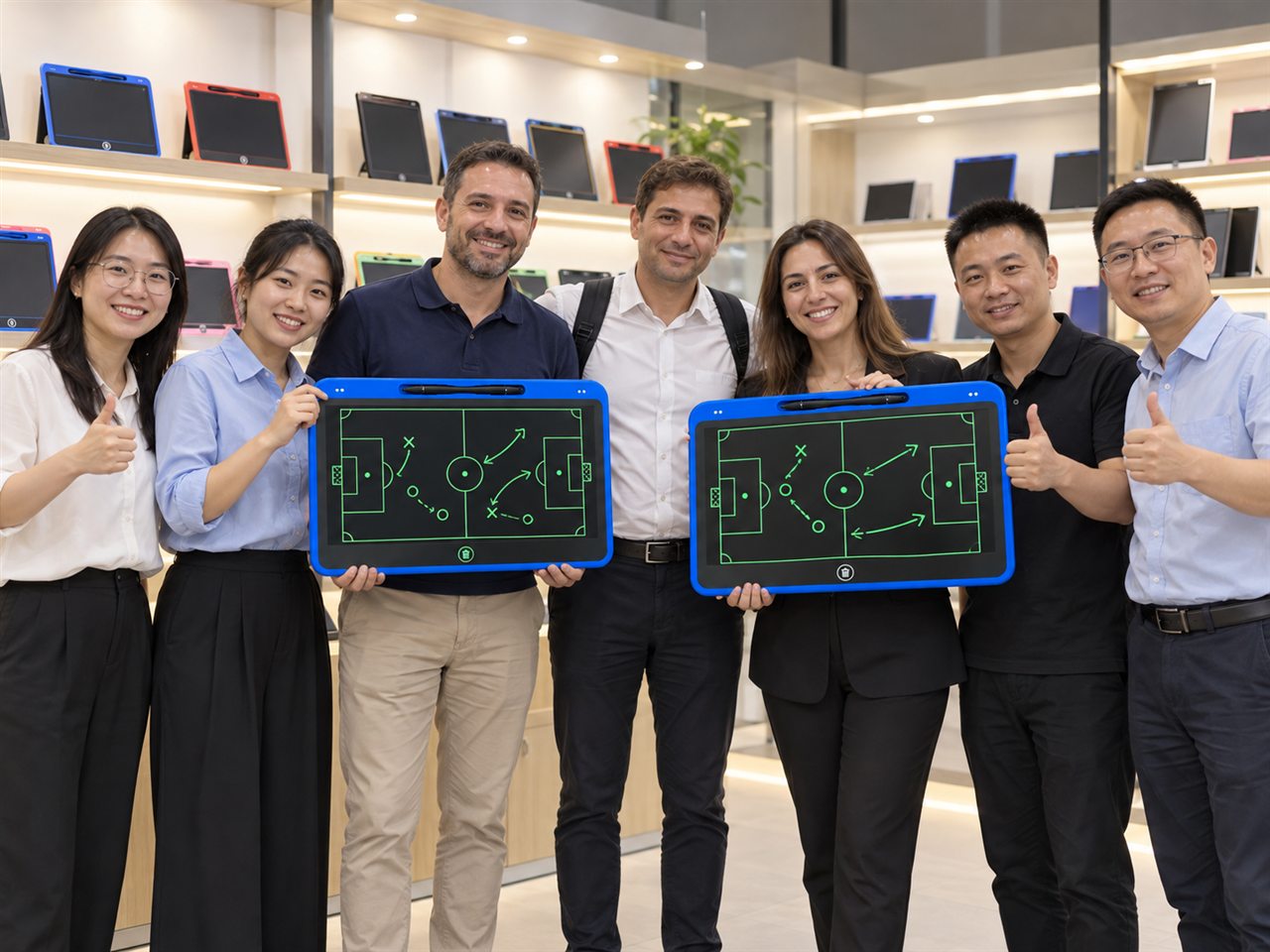 Factory team and overseas customers holding LCD tactical boards