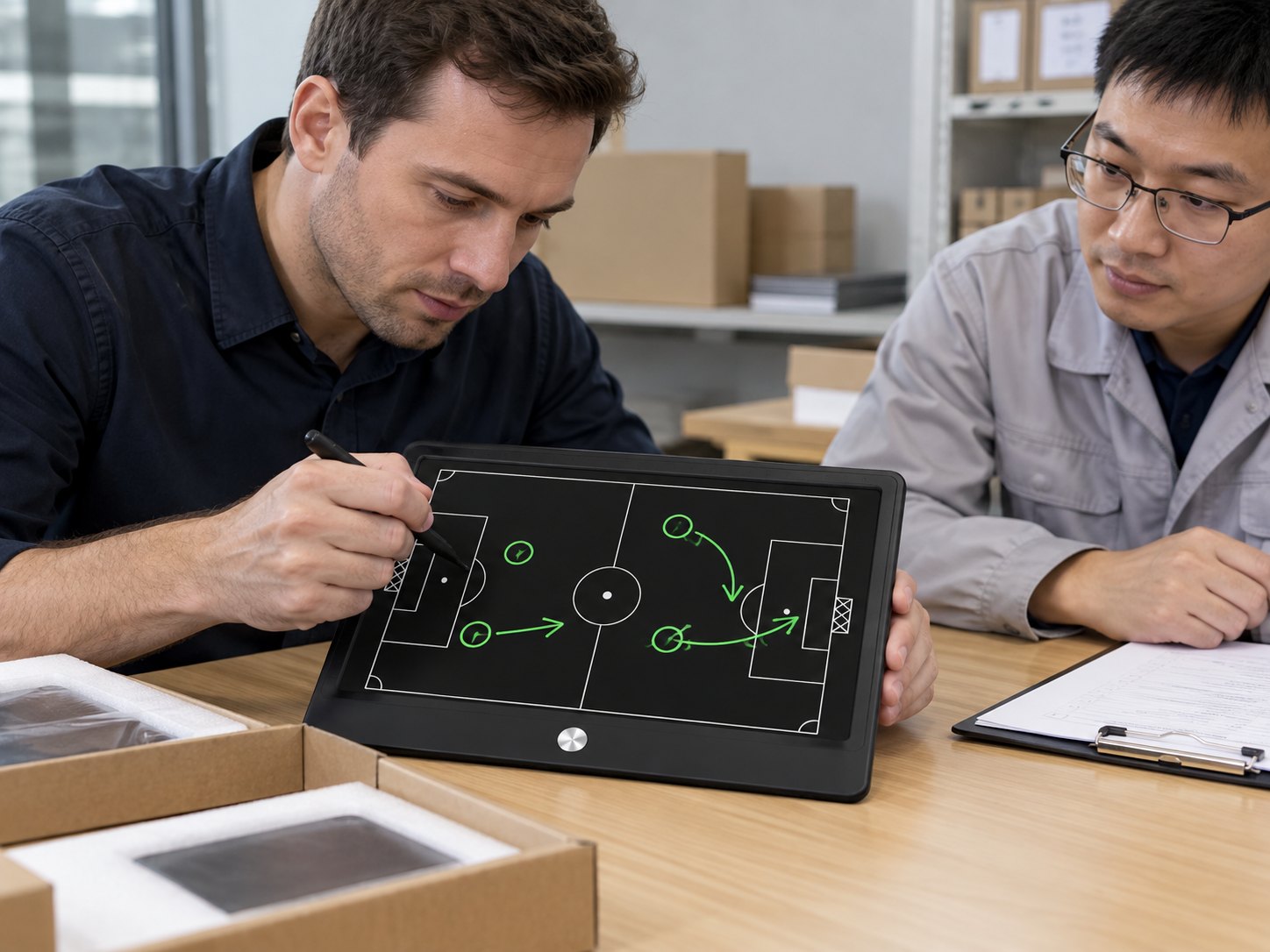 Overseas customer testing green writing on a compact LCD tactical board