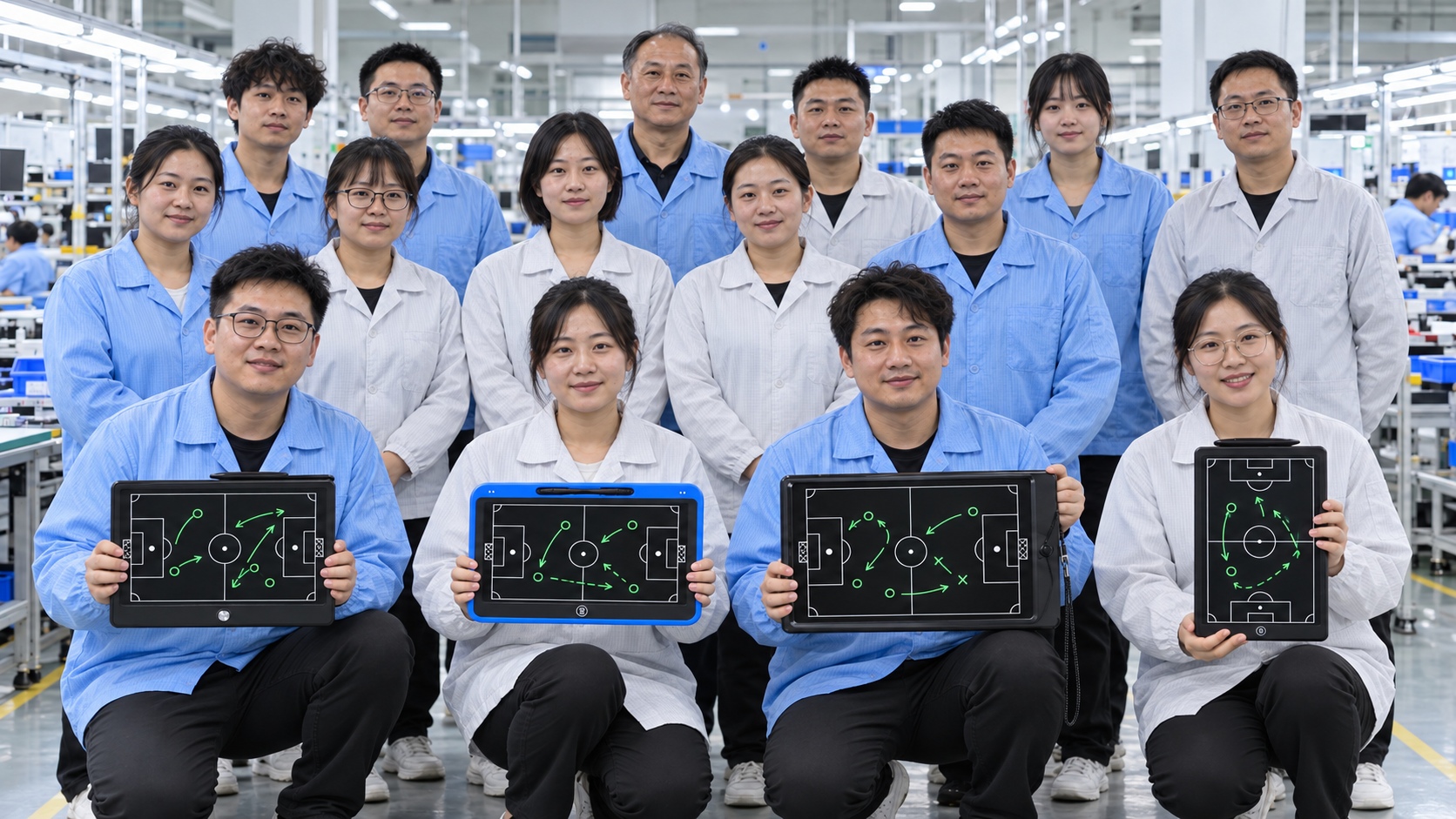 Diverse Asian factory team holding four distinct LCD tactical board models
