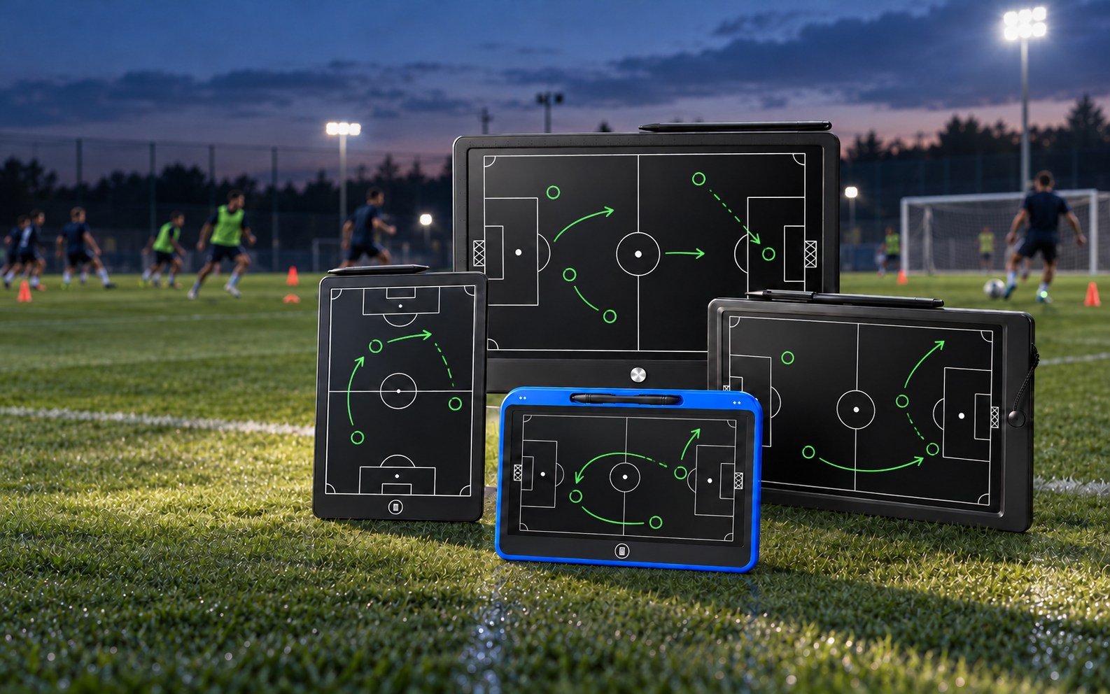 Four LCD football tactical coaching boards with green writing on a football training ground