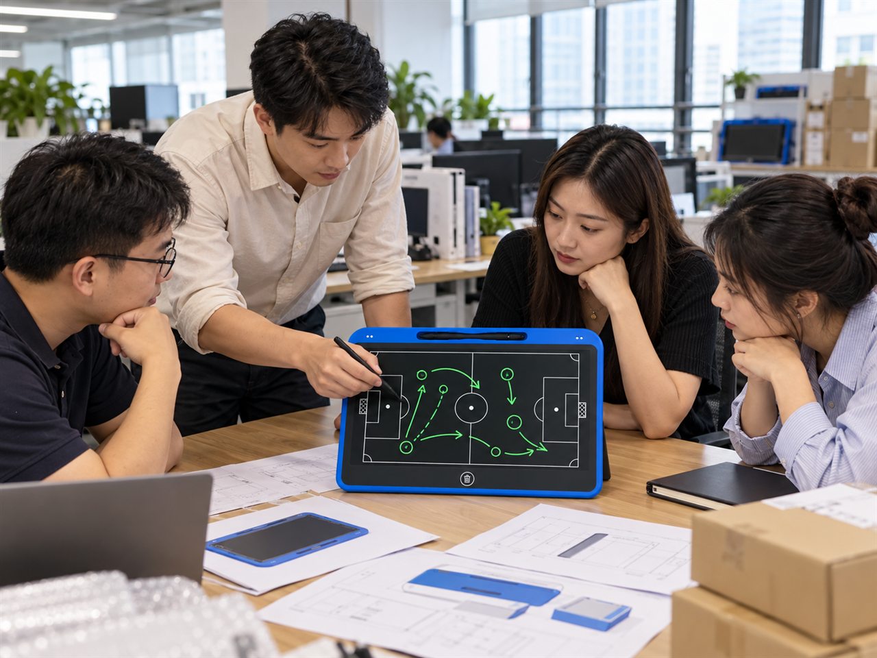 Asian office team reviewing an LCD tactical board with green electronic writing