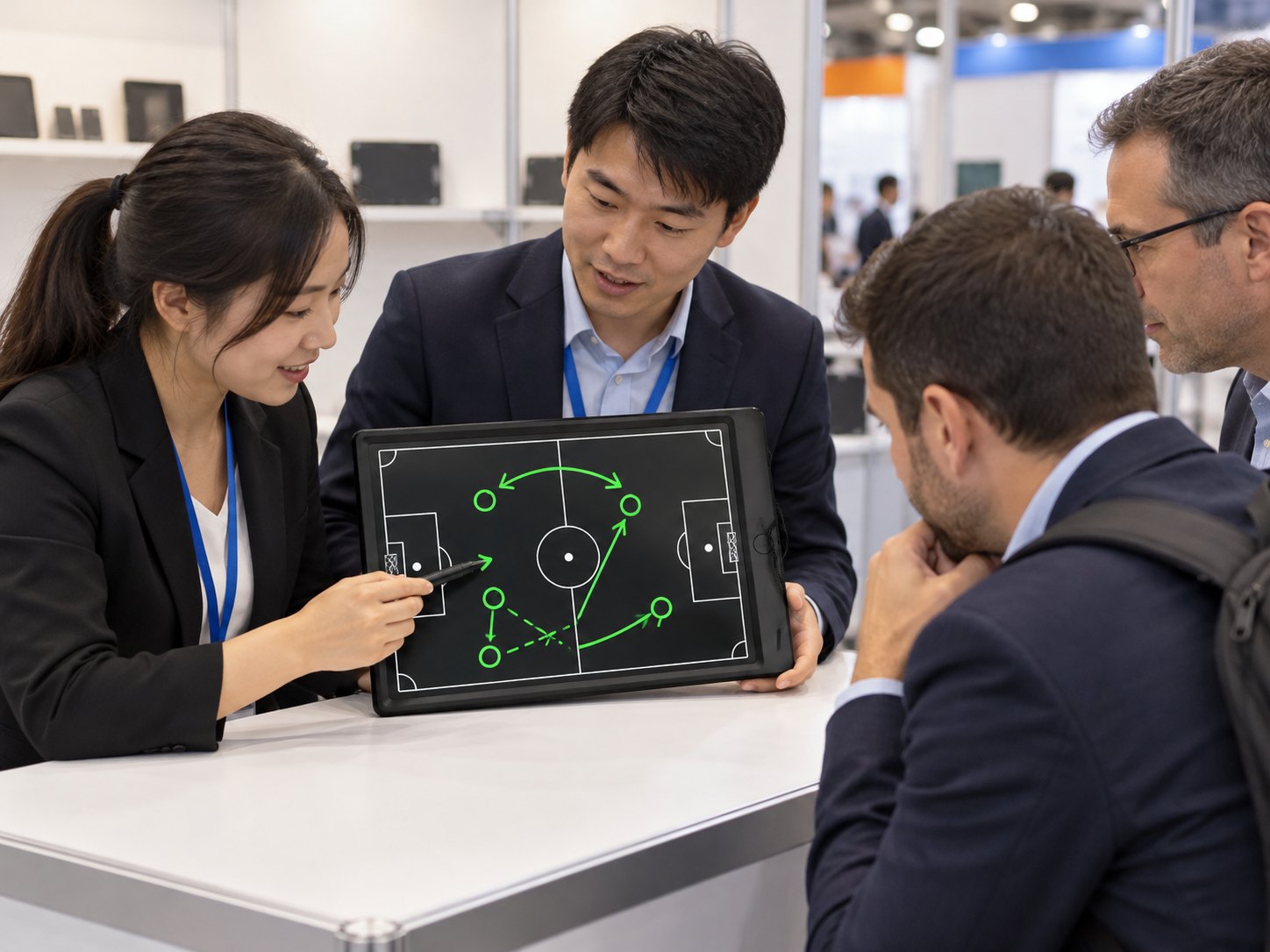 Asian sales staff demonstrating an LCD tactical board at a trade show