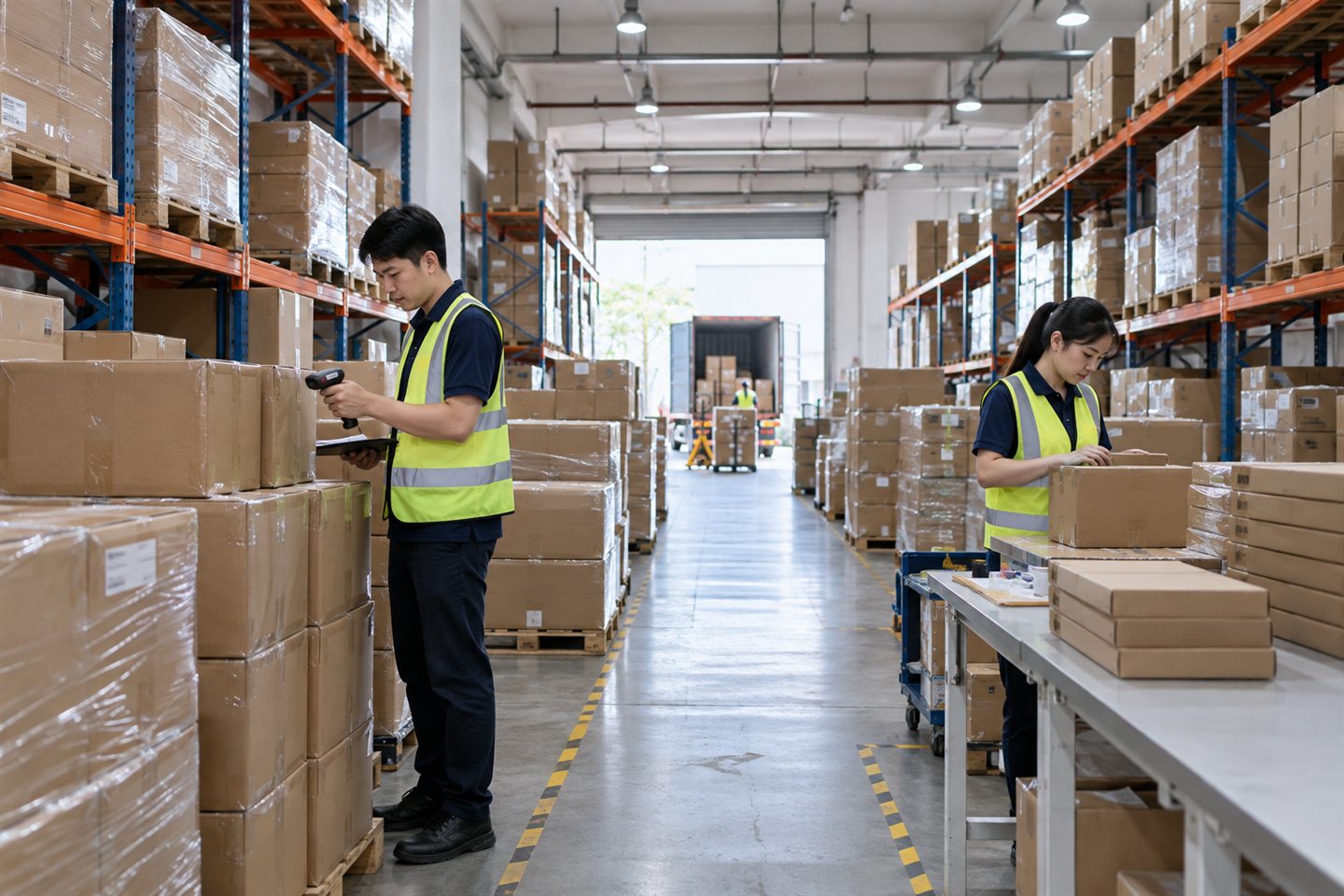 Asian warehouse employees checking packed export cartons